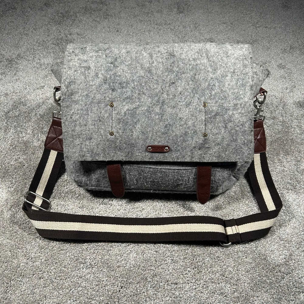 Rare Vintage Ducti Grey Wool Felt Messenger Bag Brown Leather Trim Striped Strap
